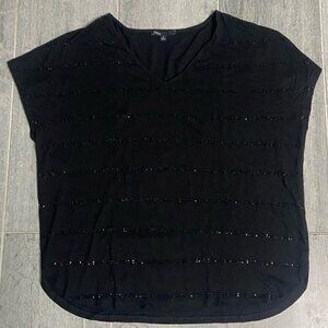 Chaus Boxy Oversized V-Neck Rhinestone Stripe Short Sleeve Tee Black Size Small